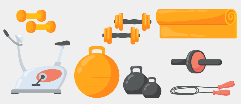Various types of illustrated exercise equipment to consider sending as employee gifts.
