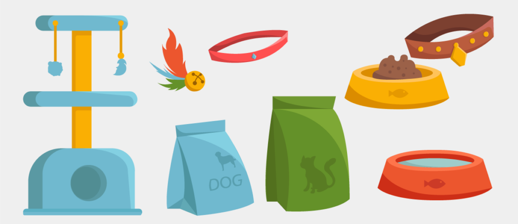 A graphic representing various pet treats and toys that could be included in an employee gift subscription box.