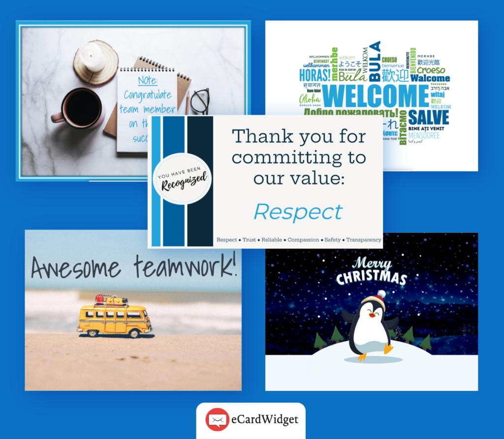 Several example eCards that your company can create as employee gifts.
