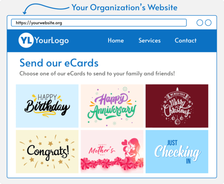 This mockup shows how our nonprofit eCards can be published directly to your organization's website.