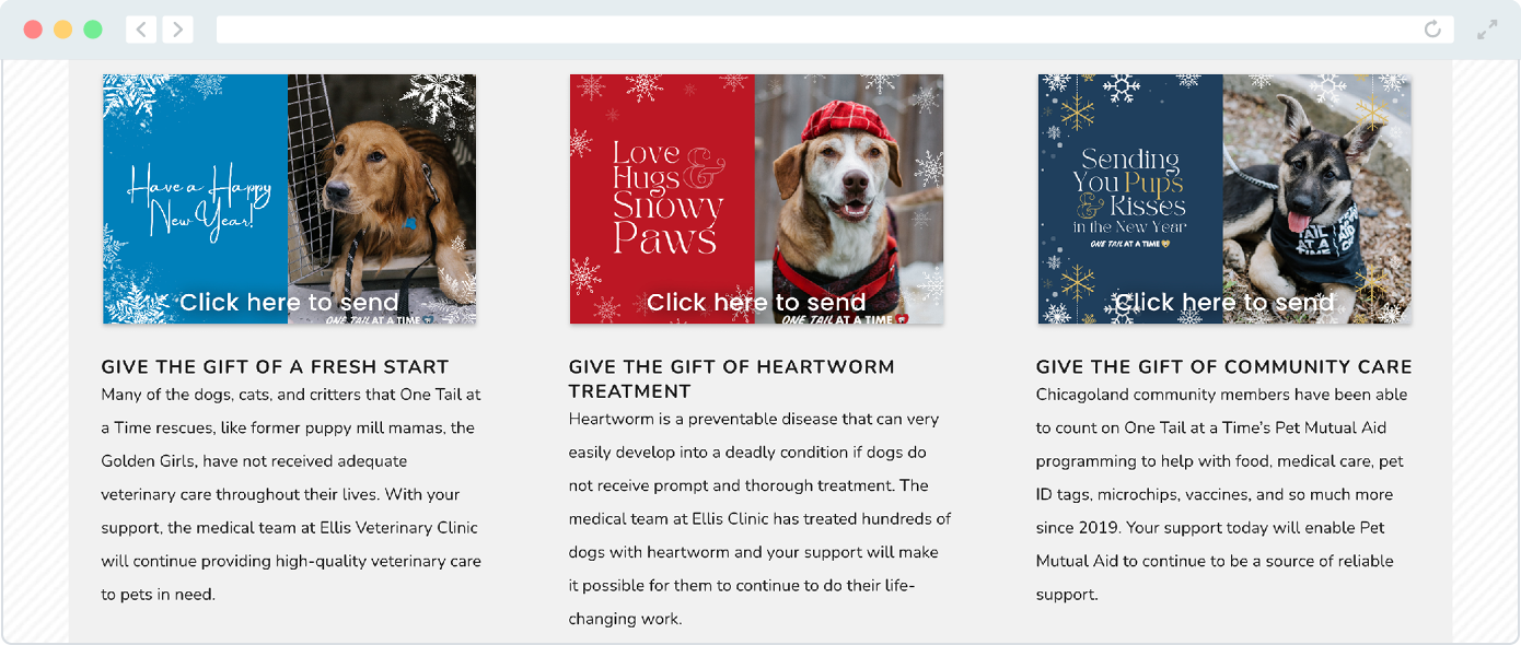 Three Christmas eCards from One Tail at a Time, each supporting a different issue related to animals.