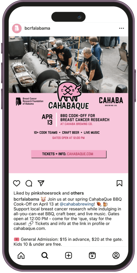 An Instagram post from BCRF of Alabama announcing its BBQ cook-off, which works well as a Father's Day fundraiser