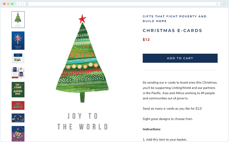 This is a screenshot of UnitingWorld’s checkout page for a charity Christmas eCard.