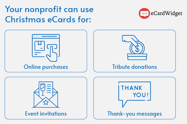 Your nonprofit can sell charity donation Christmas eCards, enable tribute donations, send them to invite supporters to events, or use them as personalized thank-yous.