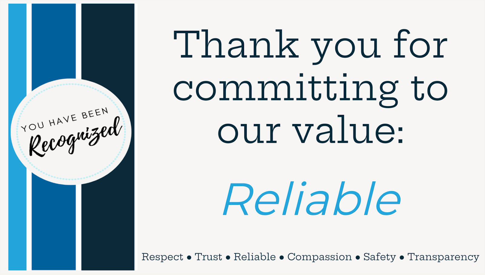 An eCard from Modivcare that says: Thank you for committing to our value: Reliable.