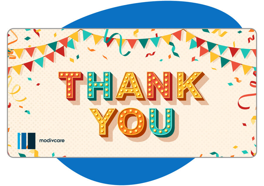 An example of a work anniversary card that features confetti and the words "Thank You"