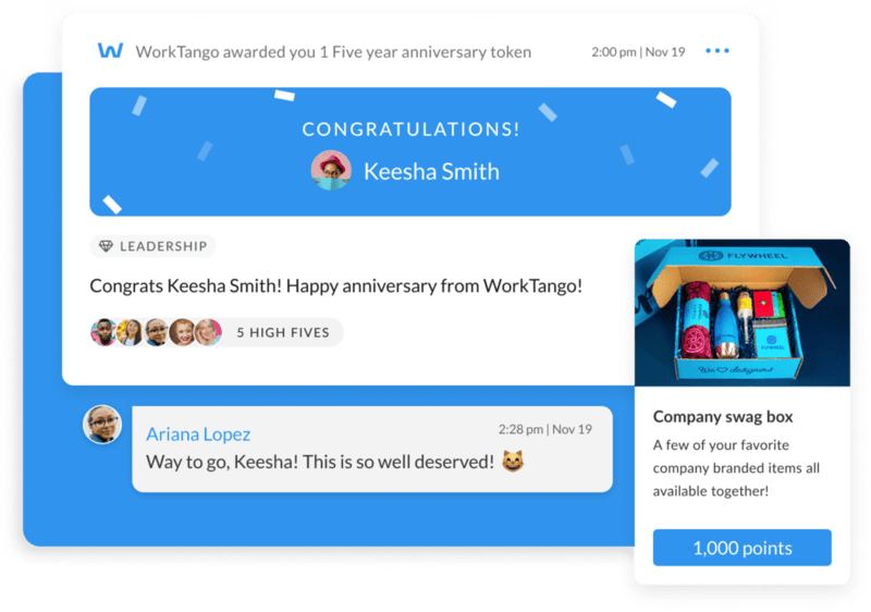 A screenshot of WorkTango’s employee recognition platform, showing how you can publicly reward employees.