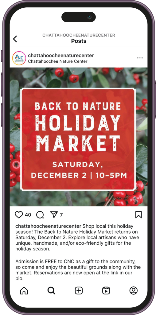 An Instagram post announcing the Chattahoochee Nature Center