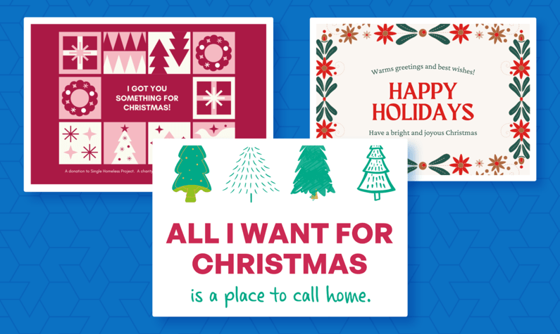 Three Christmas fundraising eCards communicating different nonprofit missions and sharing warm holiday wishes