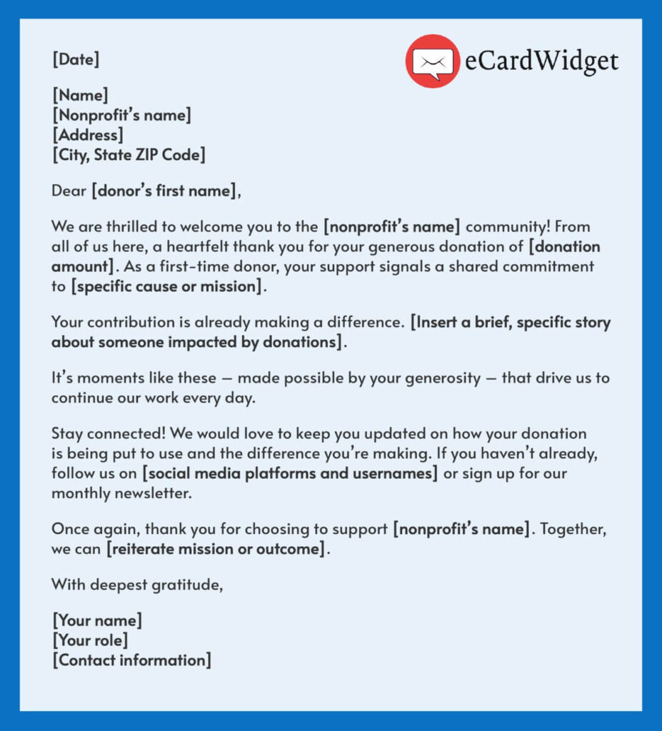 Use this donor thank you letter template for first-time donors.