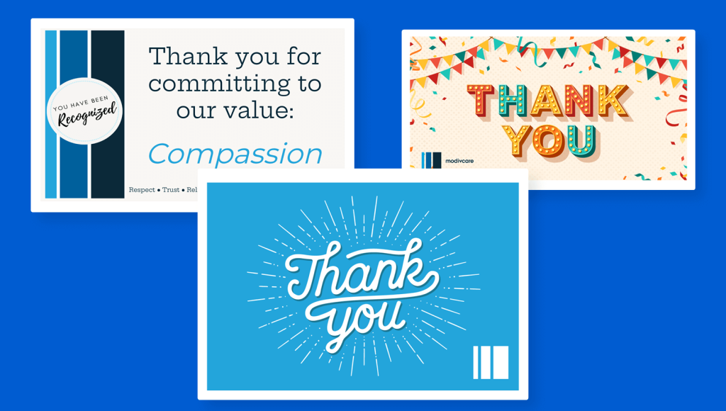 Different employee recognition eCards that are branded to Modivcare