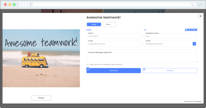 This screenshot shows how one company used eCards to send recognition awards for teamwork.