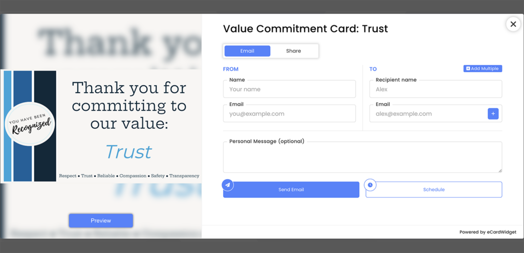 This image is a screenshot of the form you’re taken to when sending an eCard to a coworker for employee appreciation purposes.