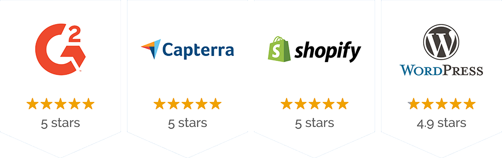 eCardWidget review ratings: G2 5 stars, Capterra 5 stars, Shopify 5 stars, WordPress 4.9 stars