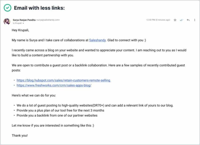 Example of email with less links