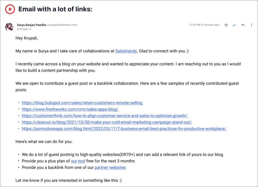 Example of email with lot of links