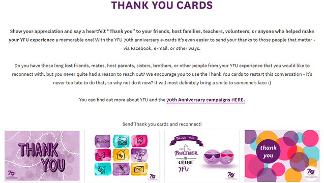 YFU’s thank-you eCards, which demonstrate how eCards can be a convenient and visually appealing upgrade to traditional donor thank-you emails.