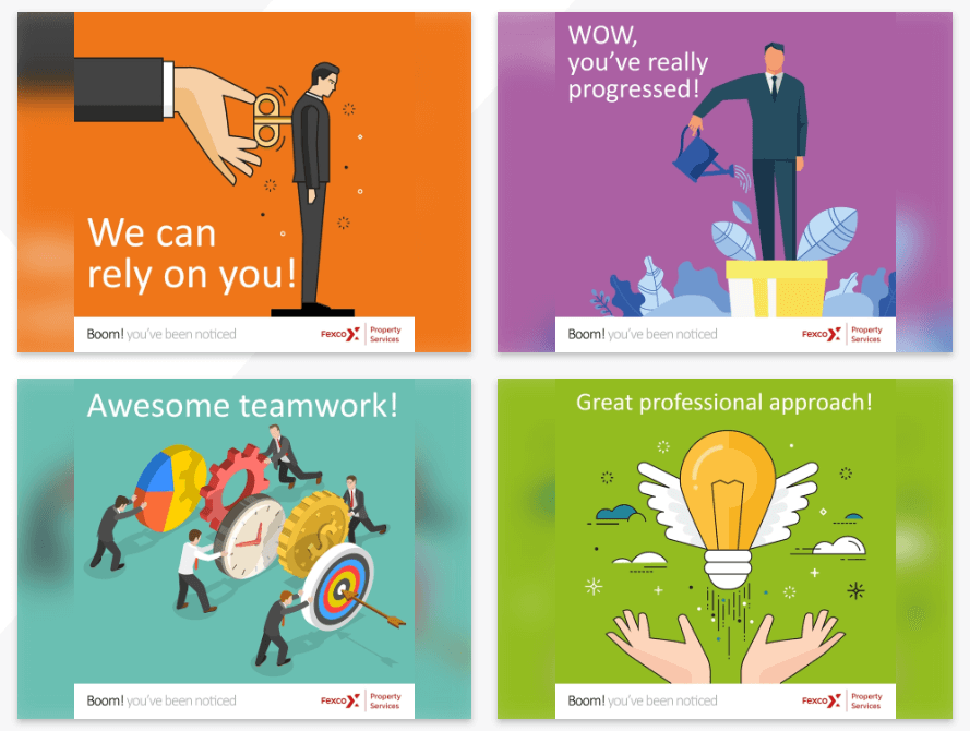 These are example eCards that help boost employee recognition by showing appreciation for employees' teamwork, reliability, professionalism, and the progress they've made. 