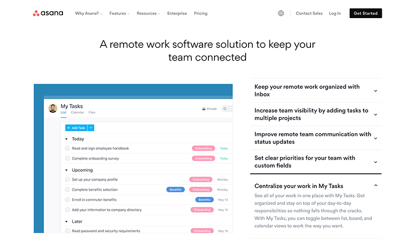 This is a screenshot of the Asana website, which is one of the best remote work software providers. 