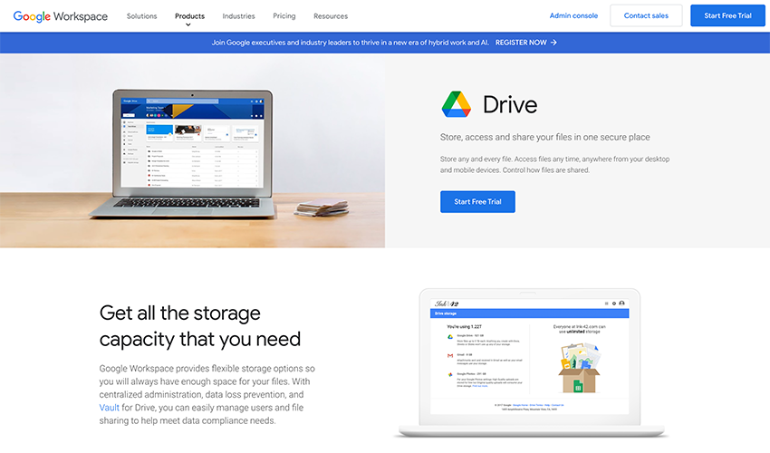 This is a screenshot of the Google Drive website, which is considered one of the best remote work software. 