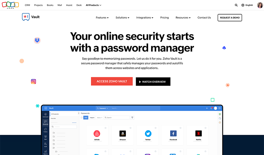 This is a screenshot of Zoho Vault, which is considered to be the best remote work software for password sharing.