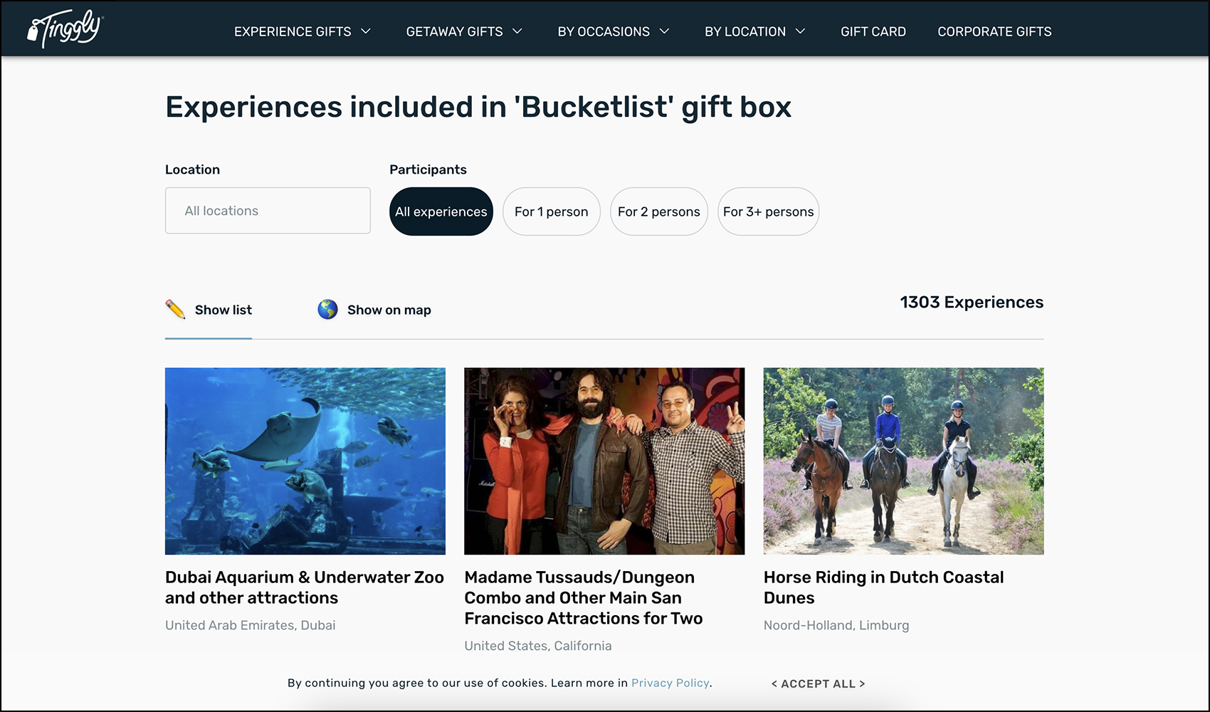 Corporate gifting company Tinggly’s Buckletlist box includes thousands of experiences to choose from. We discuss specific examples below. 