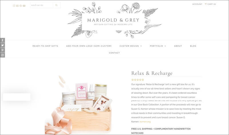 This is an example gift box from the corporate gifting company Marigold & Grey, featuring handmade artisan bath items. 