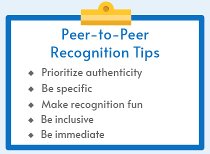 This image describes five tips for a robust peer-to-peer recognition program. 