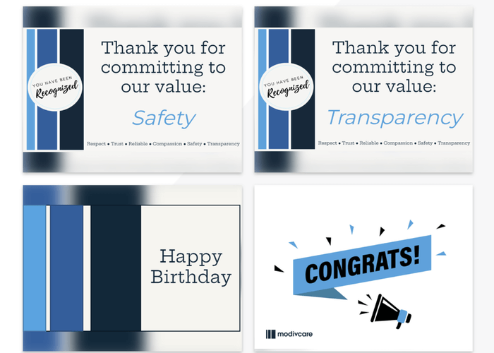 This image includes 4 examples of remote employee recognition eCards that celebrate accomplishments and company values. 