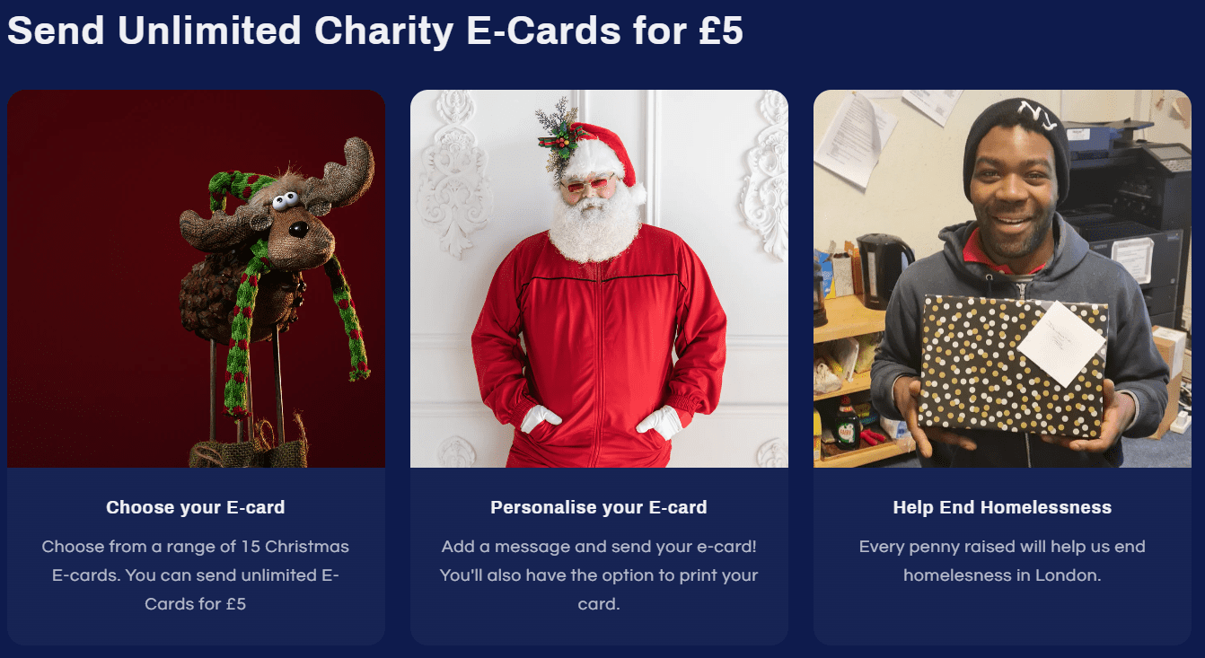This is a screenshot of Single Homeless Projects’s charity donation Christmas eCard page.