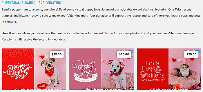 One Tail at a Time’s animal-themed Valentine eCards are stellar examples of this effective Valentine’s Day fundraising idea.