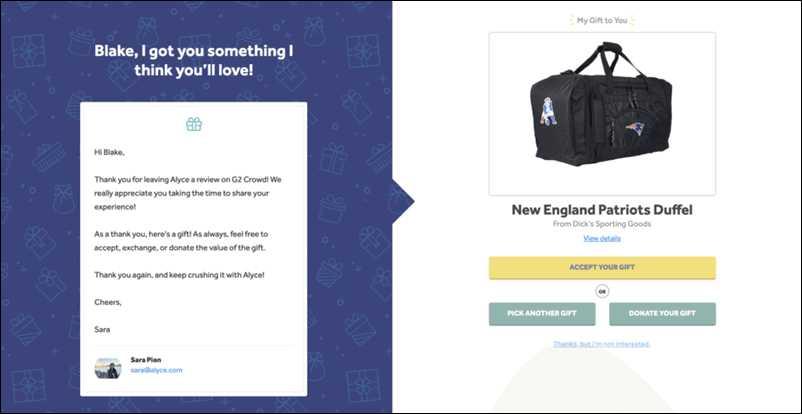 This example of a personalized gift is from Alyce, an AI-powered corporate gifting platform. Read more about it below.