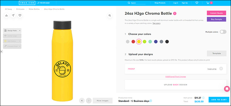 This corporate gift example shows how you can create custom water bottles on Swag.com.