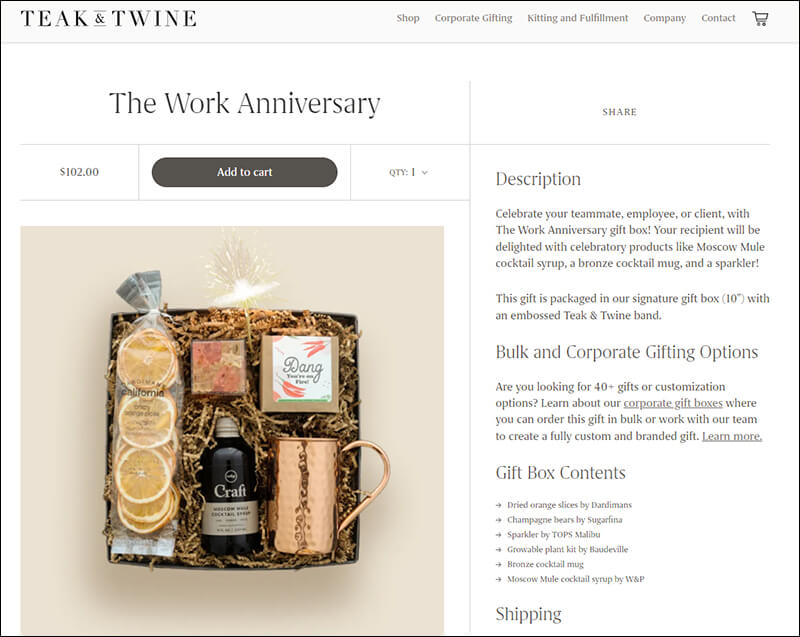 This corporate gift example shows a work-themed gift box you can send to employees with Teak & Twine
