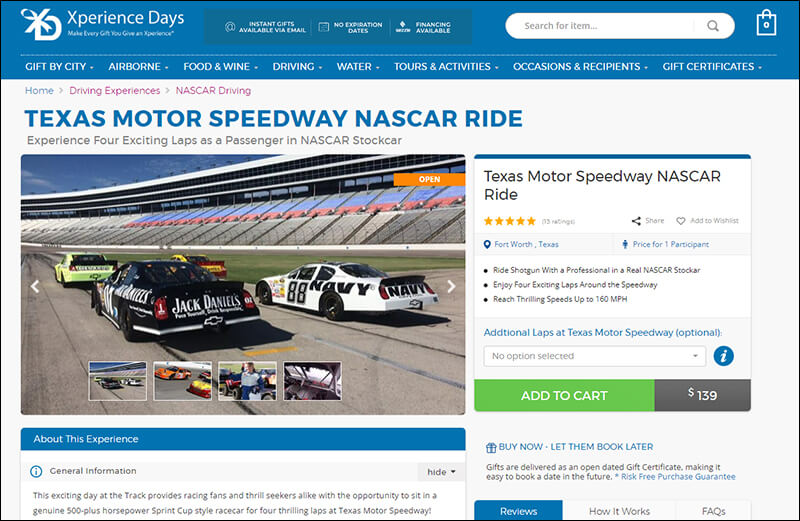 This screenshot shows how you can use this corporate gifting platform to deliver unique experiences like NASCAR rides.
