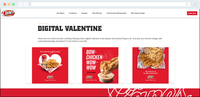 Raising Cane’s created branded Valentine’s Day eCards as customer appreciation gifts.