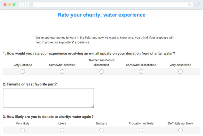 charity: water sent this simple survey to express donor appreciation and inspire people to keep giving.